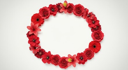 Obraz premium Red Floral Circle Frame - Oval frame of various red flowers on white background, perfect for invitations, cards, or other designs