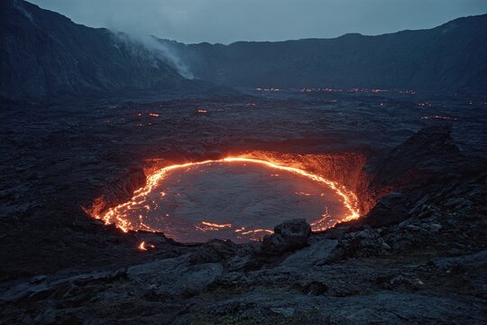Volcanic crater glowing with molten lava. Lava lake encircled by dark volcanic rock. Twilight sky above
