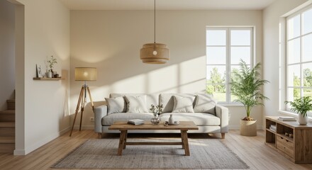 Fototapeta premium Serene Living Room Interior Design with Natural Light - Peaceful living room, natural light, wooden accents, cozy atmosphere, serene environment.