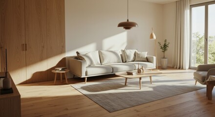 Serene Living Room Interior Design with Natural Light - Peaceful living space, sunlight streaming, minimalist aesthetic, wooden accents, calm atmosphere.