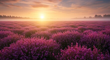 Serene Sunrise Over Lavender Field - Majestic sunrise paints a tranquil lavender field with warm golden light, creating a peaceful and picturesque scene