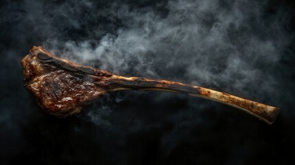 A sizzling tomahawk steak fresh off the grill, smoke rising, styled for food advertising on blurred background 