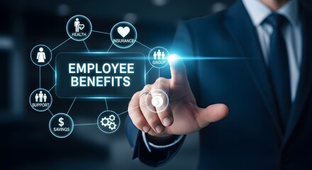 Employee benefits concept with businessman touching screen