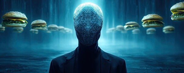 No appetite with dull energy concept. Surreal figure amidst floating burgers in a digital landscape.