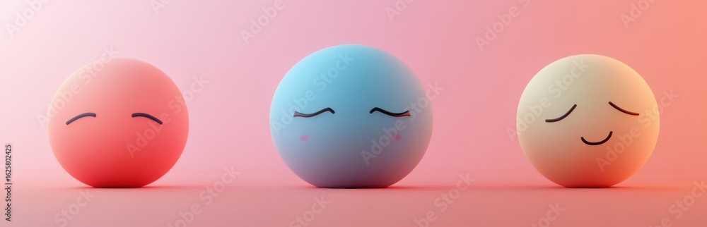 Poster charming and colorful spheres with happy facial expressions set against a soft pastel background, pe