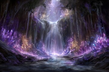 Enchanted Waterfall Surrounded by Glowing Crystals in a Magical Forest Landscape