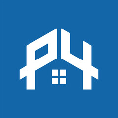The image shows a logo design of an initial P4 in house shape in white color in simple flat style. It looks clean and modern on a blue background.