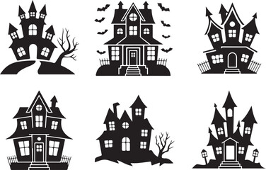 Collection of spooky haunted houses silhouettes for halloween