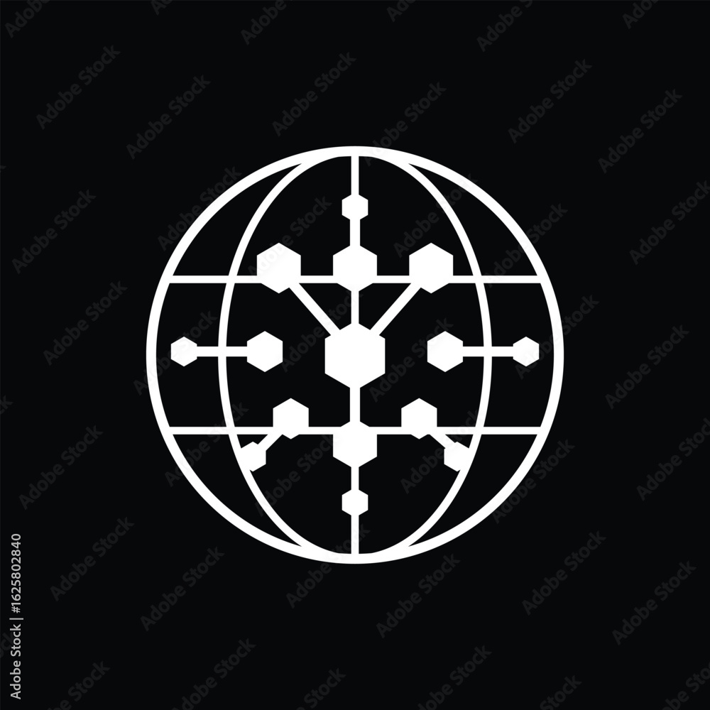Poster the image shows an abstract geometrical logo of connected hexagonal shape inside a globe. it looks c