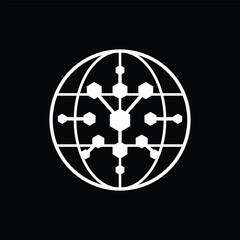 The image shows an abstract geometrical logo of connected hexagonal shape inside a globe. It looks clean and modern on a black background and can be used for crypto logo. 