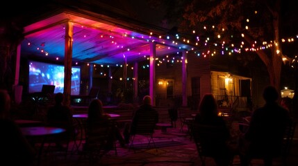 Outdoor film screening event with colorful lights and a cozy atmosphere in a backyard during a summer night celebration