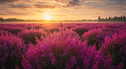 Sunrise Flower Field Serenity - A dreamy sunrise illuminates a vast field of vibrant purple flowers, symbolizing peace, tranquility, new beginnings, growth, and beauty