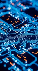 Abstract High Tech Circuit Board Background with Glowing Nodes and Lines Depicting Data Flow and Connectivity