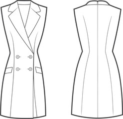 CAD drawing flat vector illustration, garments dress, sleeveless blazer dress front and back, fashion design template, sewing pattern sketch.