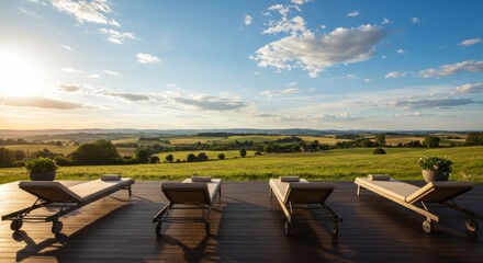 Obraz premium Tranquil Sunset View from Deck - Four lounge chairs on a deck overlooking a serene sunset landscape of rolling hills and fields. Perfect for relaxation and tranquility