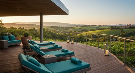 Tuscan Villa Terrace Relaxation - Tranquil outdoor terrace overlooking scenic Tuscan hills, featuring comfortable lounge chairs and serene sunset views. Ideal for relaxation and wellness