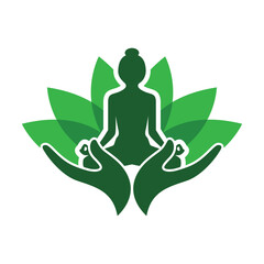 This image is a logo design depicting a silhouette of person in a yoga pose on the center of lotus leaves being supported by a pair of hands. It looks clean in green color on a white background. 	