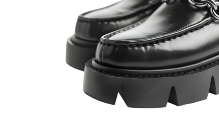Closeup of stylish black leather platform loafers isolated on transparent background, showcasing trendy and elegant footwear fashion for modern style, a classic design
