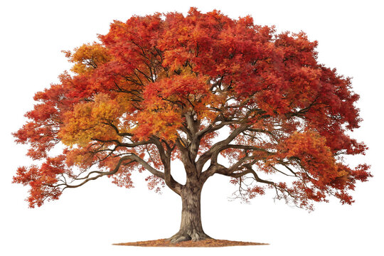 Autumn maple tree displaying vibrant red and orange fall foliage on spreading branches, isolated on a transparent background