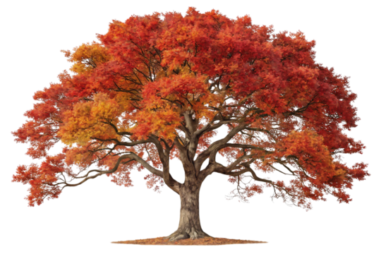 Autumn maple tree displaying vibrant red and orange fall foliage on spreading branches, isolated on a transparent background