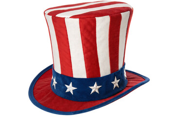 Red white and blue striped Uncle Sam top hat with white stars on band, isolated on a transparent background