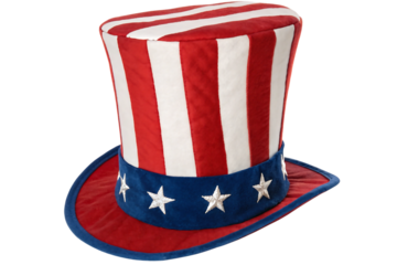 Red white and blue striped Uncle Sam top hat with white stars on band, isolated on a transparent background