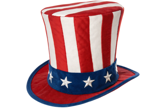 Red white and blue striped Uncle Sam top hat with white stars on band, isolated on a transparent background
