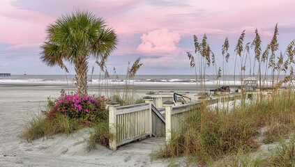 Coastal walkway at sunset. Pink sky over sandy beach.  Palm tree, beach grasses, and flowers