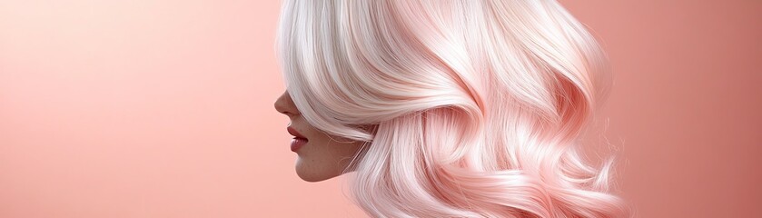 Naklejka premium A wig stand featuring a long, layered synthetic wig, pastel pink, styled with subtle waves under soft studio lighting