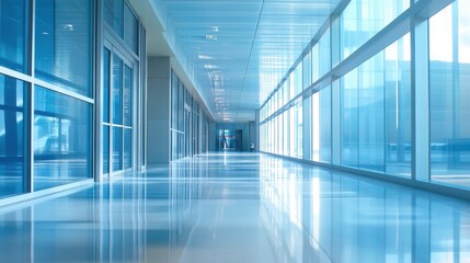 Fototapeta premium Bright and spacious corridor featuring expansive glass walls, sleek flooring, and modern design. Ideal for promoting business, travel, or architecture concepts.