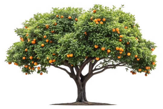 Mature orange tree with spreading canopy full of ripe citrus fruits and leaves, isolated on a transparent background