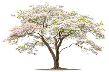 Obraz premium Wide-canopied tree with dense white and pink cherry blossoms creating spectacular springtime floral display, isolated on a transparent background