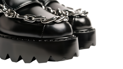 Closeup of stylish black leather platform loafers with chain detail isolated on transparent background, showcasing trendy footwear for a fashionable and elegant look