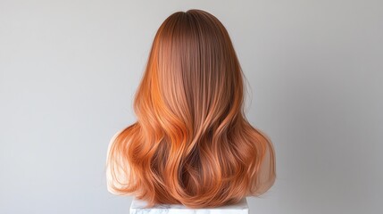 Fototapeta premium An ombre wig transitioning from chestnut brown to fiery red, styled in cascading waves, displayed on a marble pedestal
