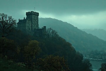 Misty castle on a hilltop, shrouded in a muted twilight