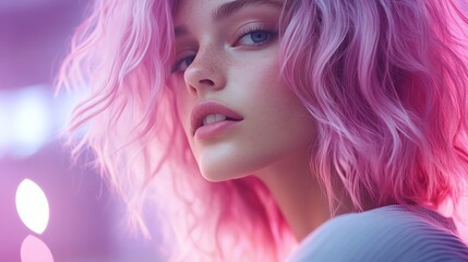 Bright pink wig styled in loose beach waves, suspended midair, surrounded by soft glowing particles
