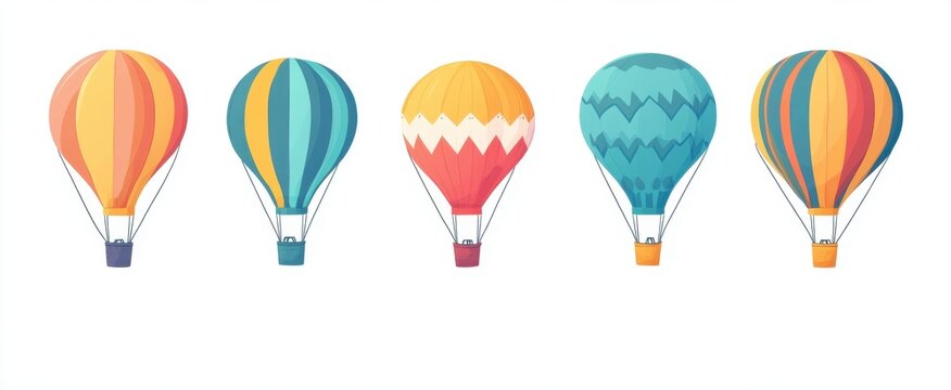 This vibrant illustration features a collection of colorful hot air balloons with diverse patterns and designs, perfect for conveying themes of adventure and travel.