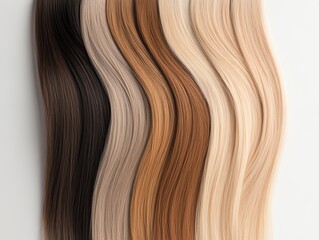Fototapeta premium Clipin extensions arranged in a fan shape, featuring a gradient of natural brown to icy blonde, with soft ambient lighting
