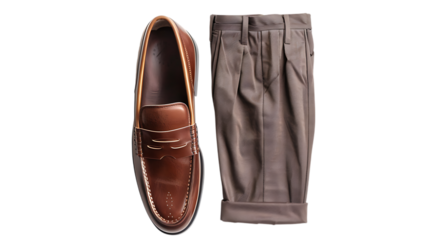 Stylish brown leather loafers and trousers isolated on transparent background, showcasing trendy footwear and clothing for a fashionable and elegant look