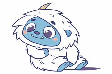 Adorable cartoon baby yeti, white fluffy fur, flat vector style, blue face, cute expression