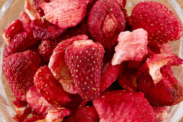 Freeze-dried strawberry Strawberries in Glass Bowl. Top view