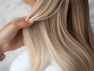 Human hair extensions laid out in a cascading waterfall pattern, surrounded by elegant accessories, set on a marble surface with soft natural lighting