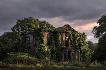 Ruined mansion overgrown with lush greenery, dramatic sky