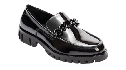Elegant black leather loafer shoe with chain detail isolated on transparent background, a stylish and trendy footwear accessory for a modern and classic fashion style