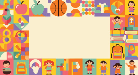 A vibrant, playful flat design illustration featuring a border of diverse school children and colorful education supplies
