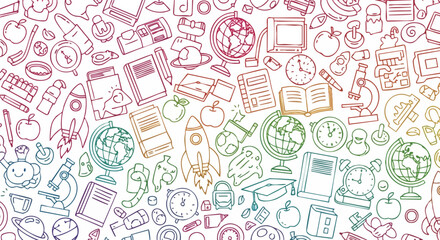 A vibrant seamless pattern of hand-drawn school supplies and educational doodles. Colorful outline icons in a rainbow gradient stand out against a white background