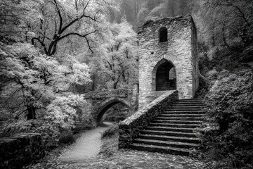 Obraz premium Gray stone ruins, ancient bridge, lush forest