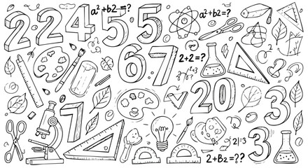 A whimsical black and white hand-drawn seamless pattern featuring educational doodles and essential school supplies