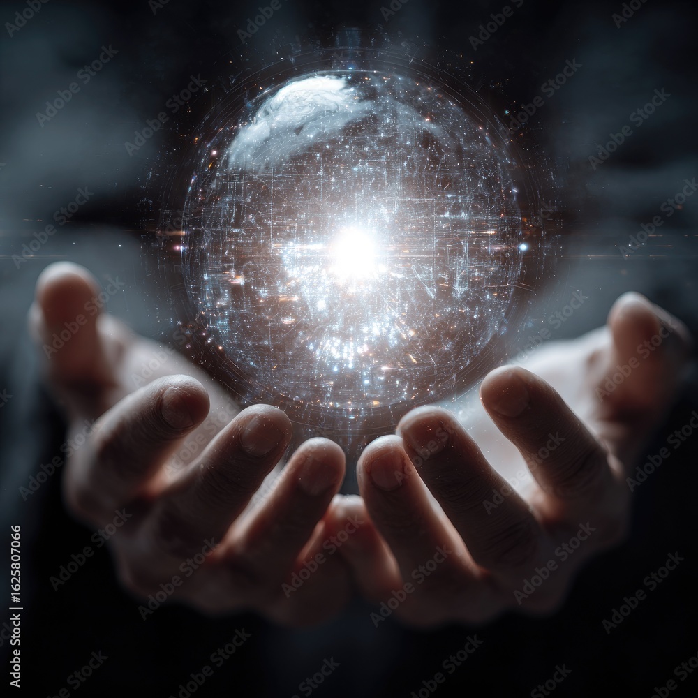 Wall mural human hands displaying a luminous orb of predictive technology