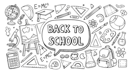 Black and white back to school vector illustration featuring school supplies, doodles, and artistic elements